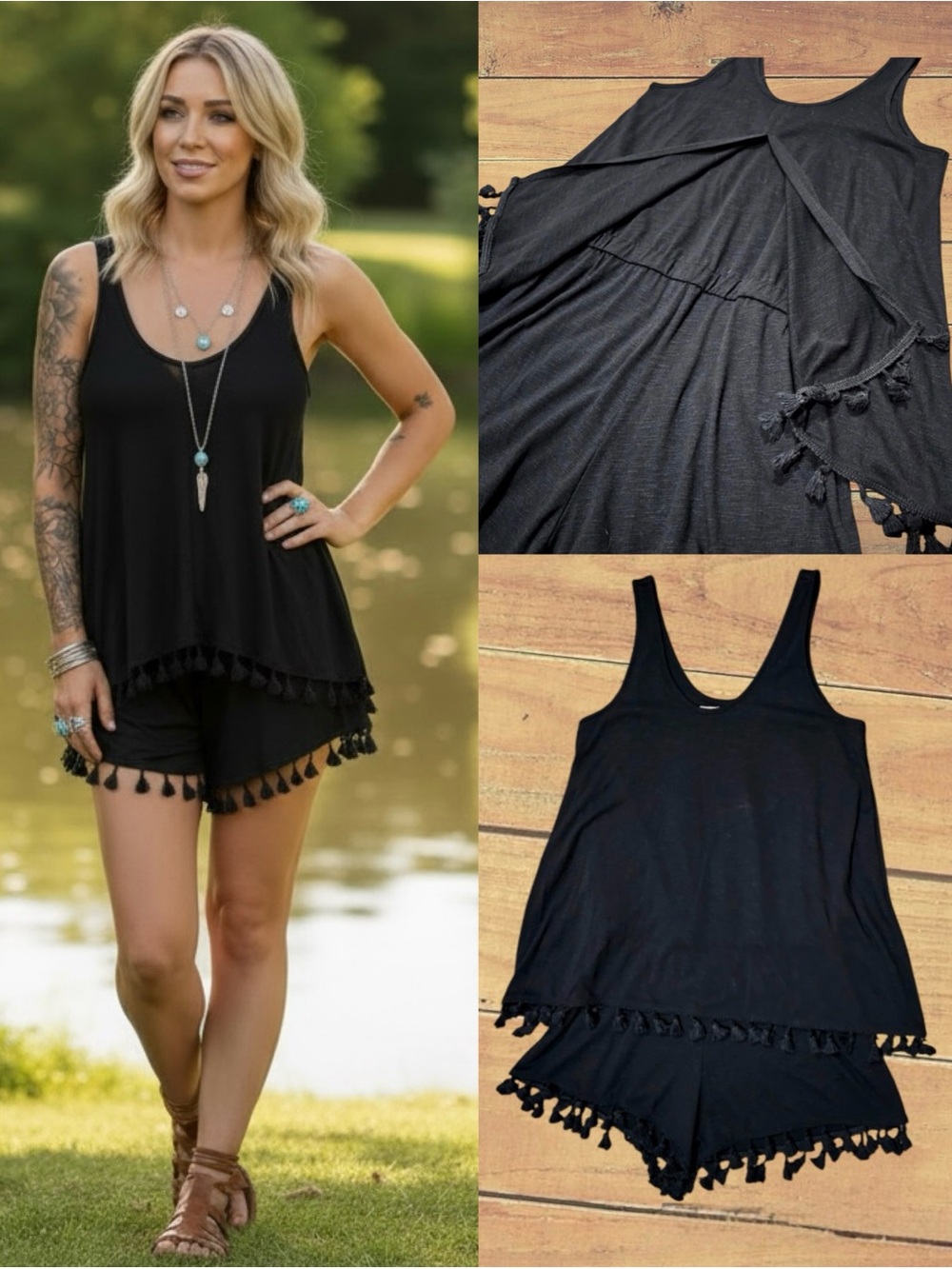 Michael Stars Black Fringe Sleeveless V-Back Romper ✦ Lounge Playsuit Small NWOT
